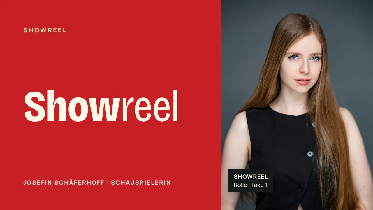 Vorschaubild: Showreel. Josefin in schwarzer Weste, kühler Blick, auf rotem Grund.